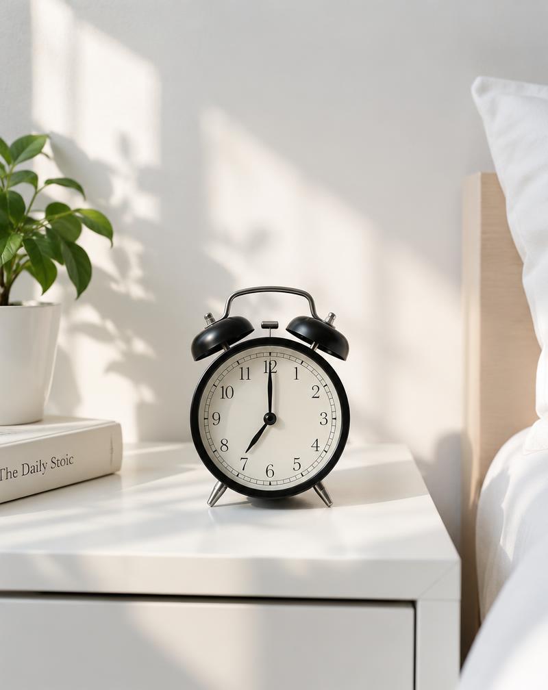Black twin-bell alarm clock on a white bedside table in morning light
