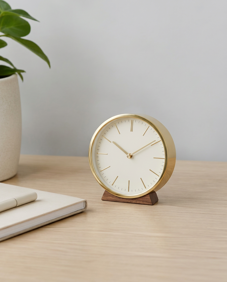 Brass desk clock on a walnut wood base, on a wooden desk beside a notebook