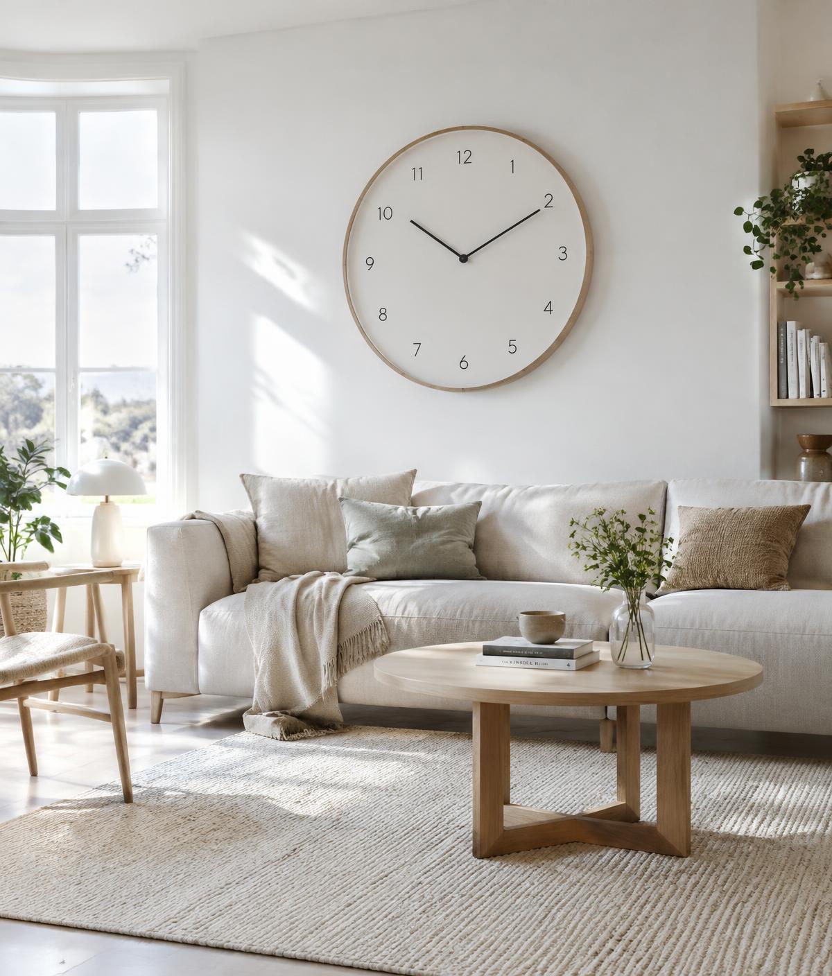Bright living room with a large round wall clock above a linen sofa